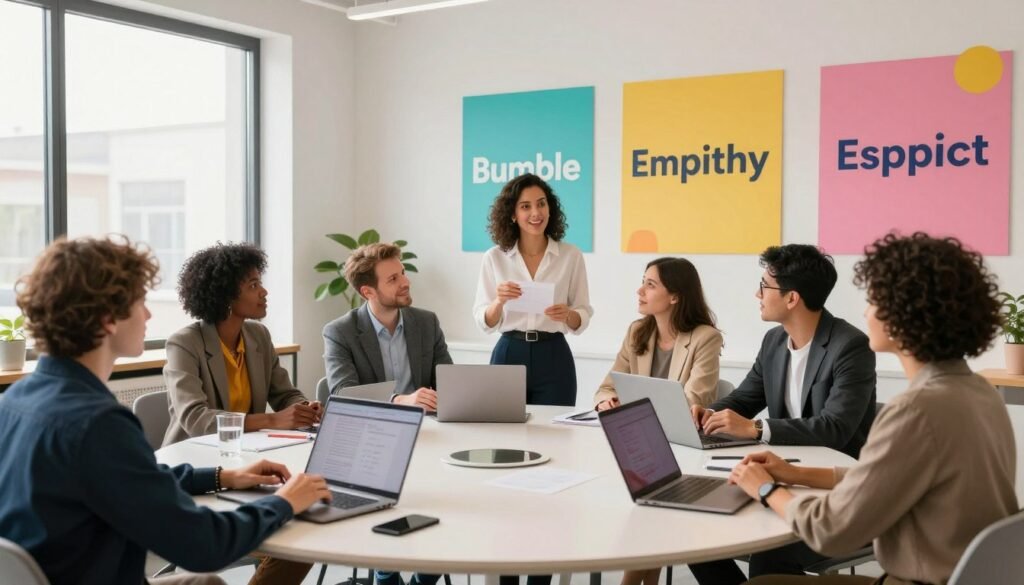 A modern, vibrant office space symbolizing Bumble's values-driven approach, featuring a diverse group of professionals in business attire collaborating around a large, round table. In the foreground, a confident woman leads the discussion, embodying leadership and empowerment. The middle ground shows engaged team members sharing ideas, with laptops and notepads scattered around. The background showcases a wall adorned with Bumble's core values—empathy, respect, and equality—artistically represented in bold, cheerful colors. Soft natural lighting streams through large windows, creating an inviting atmosphere. The overall mood is optimistic and inspiring, highlighting innovation and teamwork in the tech industry, with a focus on positive human connections. A modern, vibrant office space symbolizing Bumble's values-driven approach, featuring a diverse group of professionals in business attire collaborating around a large, round table. In the foreground, a confident woman leads the discussion, embodying leadership and empowerment. The middle ground shows engaged team members sharing ideas, with laptops and notepads scattered around. The background showcases a wall adorned with Bumble's core values—empathy, respect, and equality—artistically represented in bold, cheerful colors. Soft natural lighting streams through large windows, creating an inviting atmosphere. The overall mood is optimistic and inspiring, highlighting innovation and teamwork in the tech industry, with a focus on positive human connections.