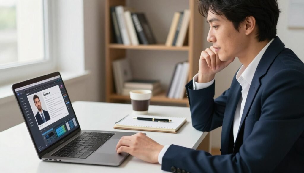 A modern workspace featuring a sleek desk with a laptop open to a professional bio editing interface. In the foreground, a confident individual in smart business attire, deeply engaged in revising their bio, showcasing a thoughtful expression. The middle ground includes notebooks, a stylish pen, and a cup of coffee, suggesting a focused atmosphere. In the background, a well-organized bookshelf filled with professional development books and a soft-lit window allowing natural light to illuminate the scene. The image should convey a sense of professionalism and creativity, with warm, inviting lighting that highlights the authority and approachability of the subject. The angle should be slightly angled to capture both the individual and the ambient elements of the workspace, promoting an inviting and productive mood. A modern workspace featuring a sleek desk with a laptop open to a professional bio editing interface. In the foreground, a confident individual in smart business attire, deeply engaged in revising their bio, showcasing a thoughtful expression. The middle ground includes notebooks, a stylish pen, and a cup of coffee, suggesting a focused atmosphere. In the background, a well-organized bookshelf filled with professional development books and a soft-lit window allowing natural light to illuminate the scene. The image should convey a sense of professionalism and creativity, with warm, inviting lighting that highlights the authority and approachability of the subject. The angle should be slightly angled to capture both the individual and the ambient elements of the workspace, promoting an inviting and productive mood.