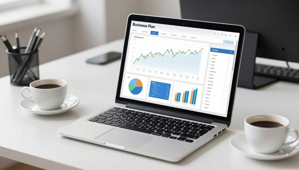 A modern workspace with a high-end laptop displaying sleek business plan software for entrepreneurs, featuring colorful financial charts, growth projections, and a clean digital interface on a bright desk with a cup of coffee.