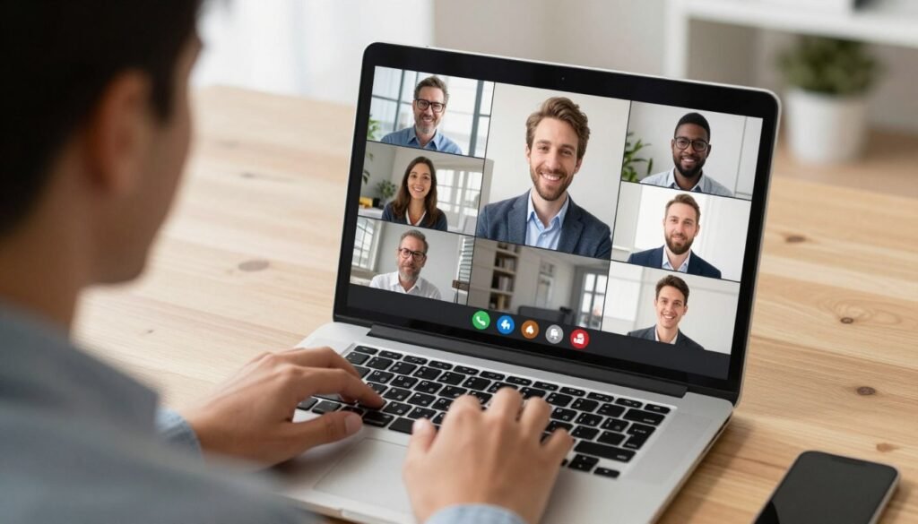 A person using a laptop to connect with a mentor via a clean, professional video calling interface, highlighting global digital connectivity.