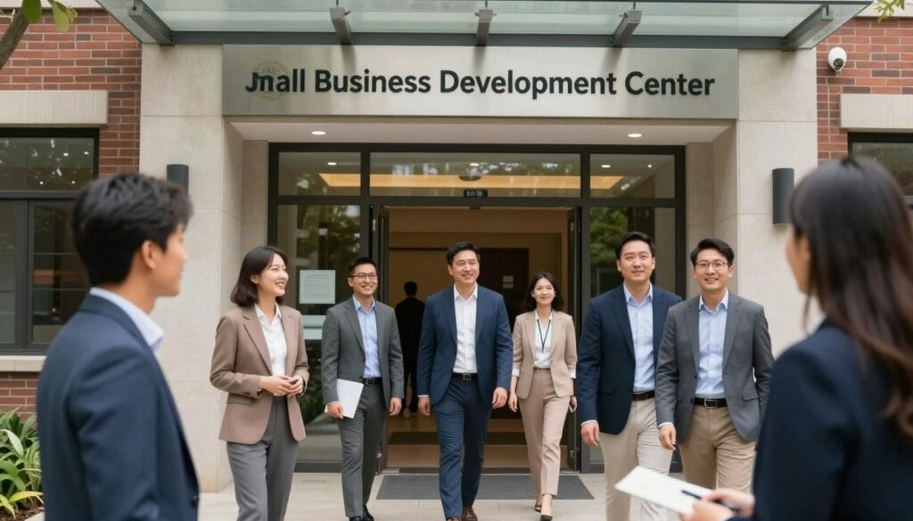 A photograph of a university building entrance featuring a sign for the "Small Business Development Center," with entrepreneurs walking in for a consulting session.