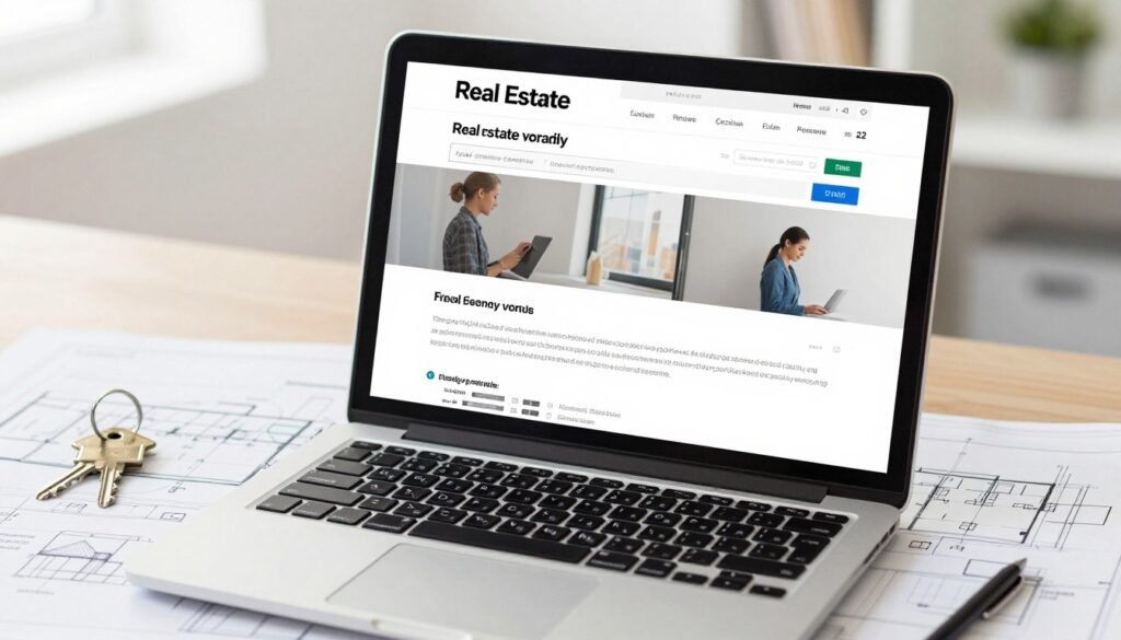 A professional and inviting digital workspace showing a laptop screen with an active real estate forum, surrounded by house keys and architectural blueprints, realistic photography style, bright natural lighting.