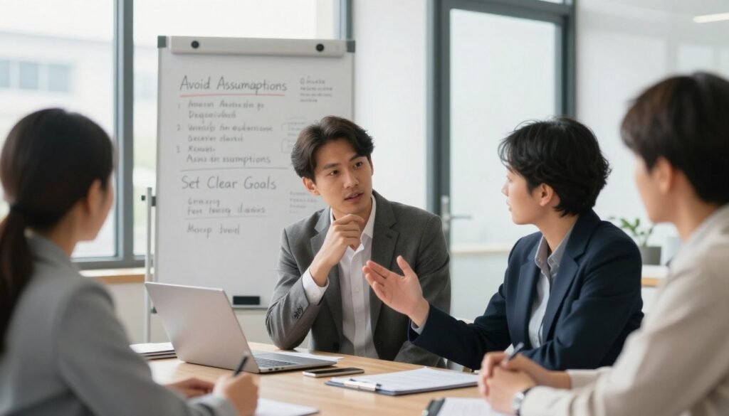 A professional business mentorship scene set in a modern office environment. In the foreground, depict a diverse group of three individuals engaged in a discussion around a table, with one person gesturing thoughtfully, demonstrating common mentorship mistakes. The middle ground shows a whiteboard filled with key points about mentorship, such as "Avoid Assumptions" and "Set Clear Goals." In the background, large windows allow natural light to flood the room, creating a warm and inviting atmosphere. Use a slight blur effect on the background to emphasize the engaging conversation in the foreground. The overall mood should be constructive and focused, highlighting the importance of effective mentorship practices.