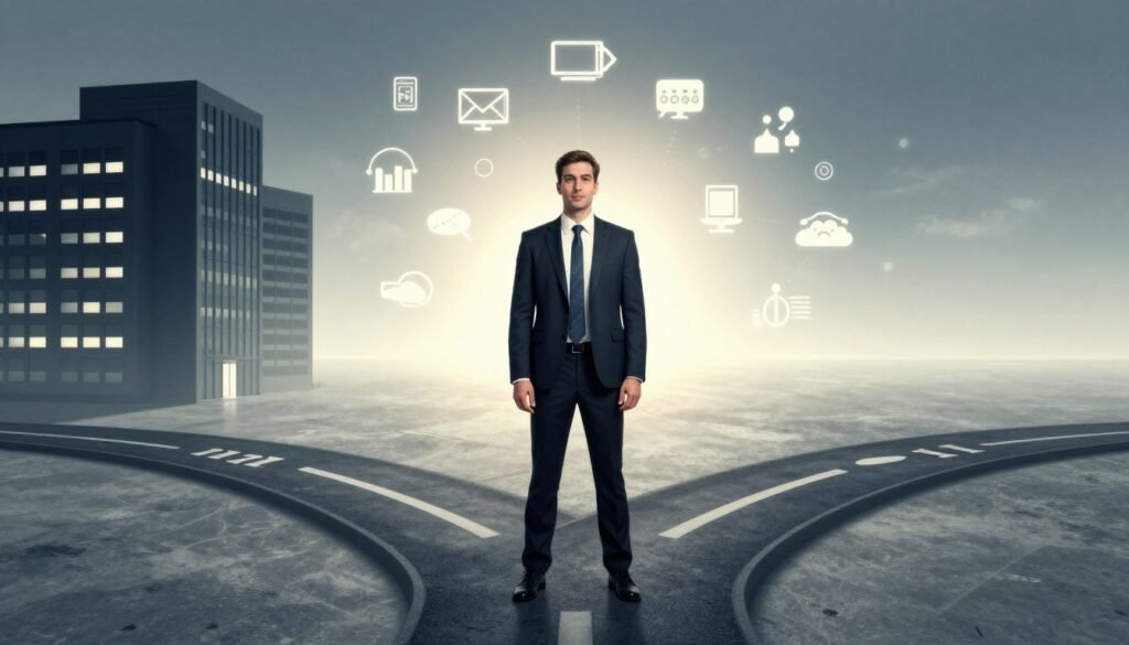 A professional digital illustration of a visionary tech leader standing at a crossroads in 2011; one path leads to a dim corporate building and the other leads to a bright, glowing horizon featuring digital communication icons. A professional digital illustration of a visionary tech leader standing at a crossroads in 2011; one path leads to a dim corporate building and the other leads to a bright, glowing horizon featuring digital communication icons.