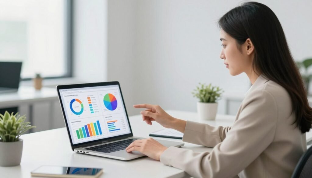 A professional female entrepreneur in a bright, modern office analyzing colorful consumer trend charts and data visualizations on a laptop screen, realistic 4k style, soft natural lighting.