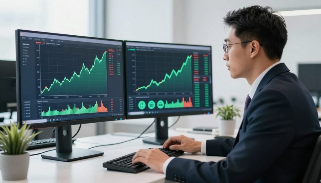 A professional financial analyst reviewing real-time stock market data for Nu Holdings on a dual-monitor setup, showing green upward trending graphs and digital banking icons in a bright, modern office. A professional financial analyst reviewing real-time stock market data for Nu Holdings on a dual-monitor setup, showing green upward trending graphs and digital banking icons in a bright, modern office.