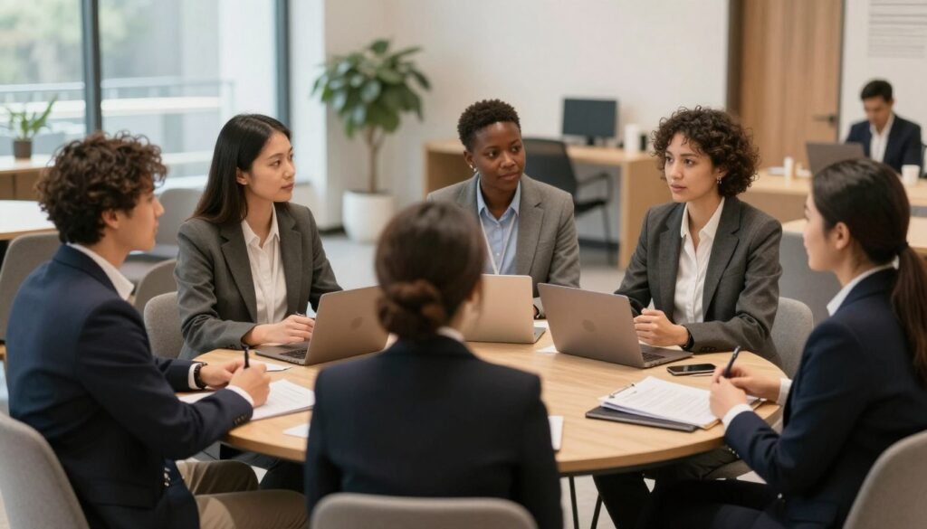 A professional group of diverse business owners networking at a local Chamber of Commerce meeting in a modern community hall, realistic photography style, soft natural lighting.
