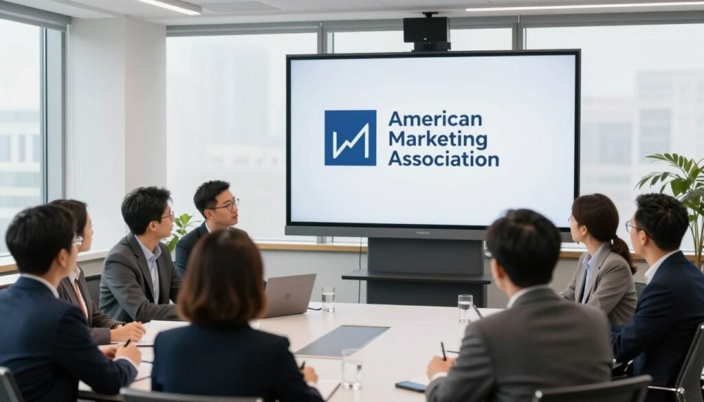 A professional marketing seminar with attendees discussing growth strategies, American Marketing Association branding visible on a presentation screen, bright modern office setting.