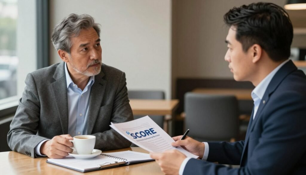 A professional mentor and a middle-aged entrepreneur discussing a business plan over coffee, with the SCORE business mentoring services logo visible on a folder.