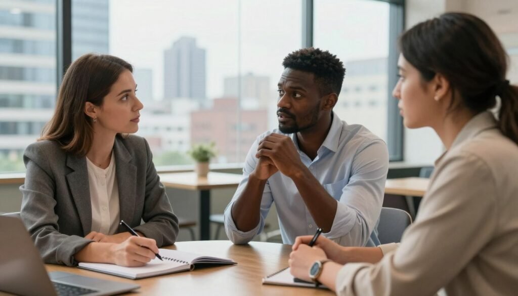 A professional setting with a diverse group of three individuals seated at a round table, engaged in deep self-reflection and discussion about networking strategies. In the foreground, a Caucasian woman in a tailored blazer takes notes on a notepad, while an African American man in a smart shirt gestures thoughtfully. The third participant, a Hispanic woman in modest professional attire, listens intently. In the background, a glass wall reveals a city skyline, hinting at opportunities beyond. Soft natural light filters in, creating a warm and inviting atmosphere. The angle is slightly elevated, capturing the dynamics of the conversation while emphasizing the importance of self-reflection in networking. The overall mood is contemplative and focused, embodying professionalism and connection.