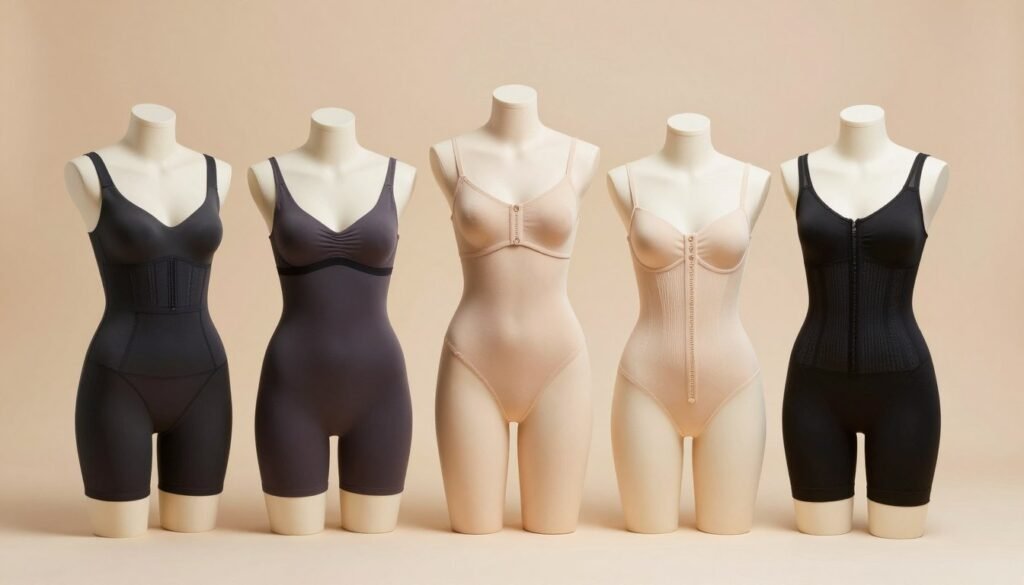 A professional studio photograph of various Spanx shapewear products displayed on elegant, minimalist mannequins with soft, warm lighting against a neutral background.