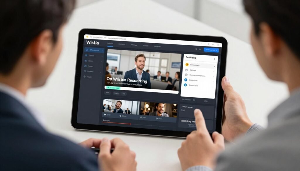 A professional studio setting showing a video marketing dashboard on a tablet, representing Wistia video hosting for modern business growth. A professional studio setting showing a video marketing dashboard on a tablet, representing Wistia video hosting for modern business growth.