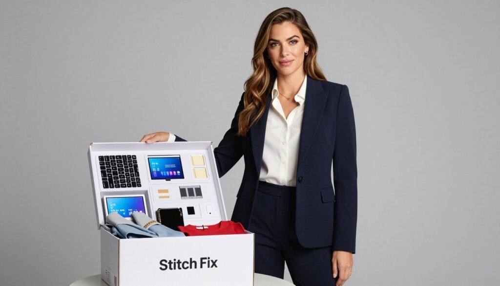A professional studio shot of Katrina Lake standing next to a curated Stitch Fix clothing box, showcasing a mix of high-end fashion and data-driven technology visuals.