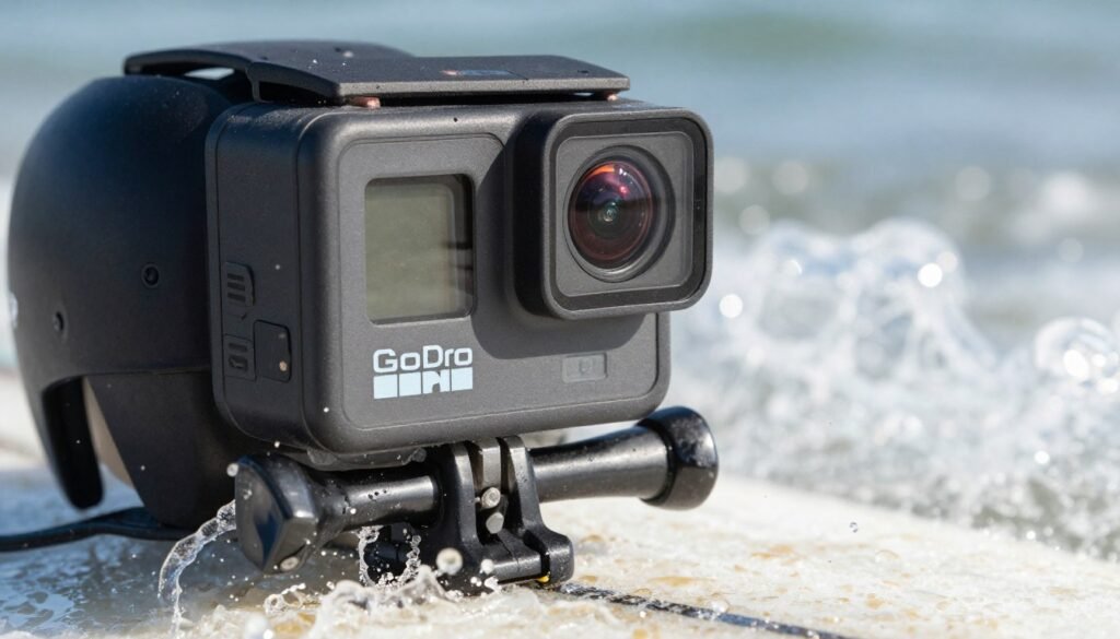 A rugged GoPro action camera attached to a surfer's helmet, high-speed water splashes, bright sunlight, 8k resolution, professional photography style.