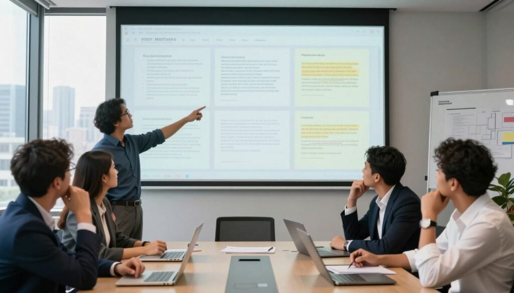 A scene capturing a chaotic startup meeting in a modern conference room, focusing on a digital pitch presentation projected on a large screen. In the foreground, a diverse group of professionals—two men and two women—dressed in smart business attire, look frustrated and confused, pointing at various slides filled with cluttered visuals and excessive text. The middle ground features a digital screen displaying common pitch deck mistakes, such as overcrowded slides, lack of clear visuals, and spelling errors. In the background, a large window offers a city skyline view, with natural light flooding the room, enhancing the tense atmosphere. The overall mood should reflect urgency and the need for clarity in business communication, highlighting the pitfalls that can derail investor interest.