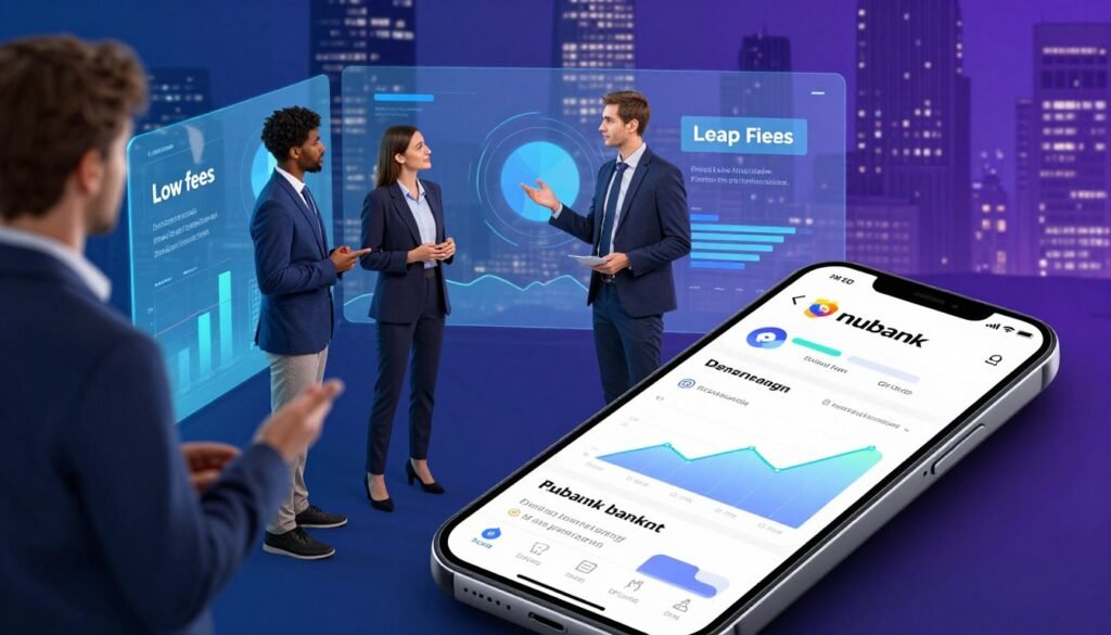 A sleek and modern digital banking interface showcasing Nubank's innovative features. In the foreground, depict a smartphone displaying the Nubank app with vibrant graphs and user-friendly navigation. In the middle, include diverse professionals in business attire discussing the advantages of digital-only banking, surrounded by futuristic digital screens highlighting key benefits such as low fees and user accessibility. The background should illustrate a bustling cityscape symbolizing growth and technology, with soft blue and purple lighting to create a professional and aspirational atmosphere. Capture the scene from a slightly elevated angle to emphasize the interaction among the people and the tech environment, evoking a sense of dynamism and progress in the financial landscape. A sleek and modern digital banking interface showcasing Nubank's innovative features. In the foreground, depict a smartphone displaying the Nubank app with vibrant graphs and user-friendly navigation. In the middle, include diverse professionals in business attire discussing the advantages of digital-only banking, surrounded by futuristic digital screens highlighting key benefits such as low fees and user accessibility. The background should illustrate a bustling cityscape symbolizing growth and technology, with soft blue and purple lighting to create a professional and aspirational atmosphere. Capture the scene from a slightly elevated angle to emphasize the interaction among the people and the tech environment, evoking a sense of dynamism and progress in the financial landscape.