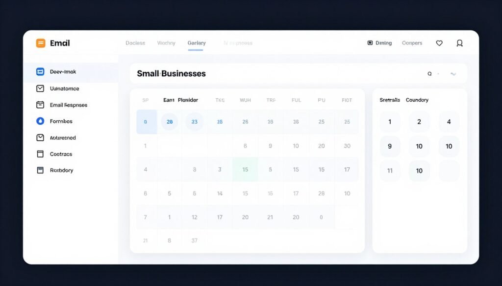 A sleek digital dashboard of AI automation software for small business showing automated email responses, smart calendar scheduling, and data entry workflows in a clean, modern interface.