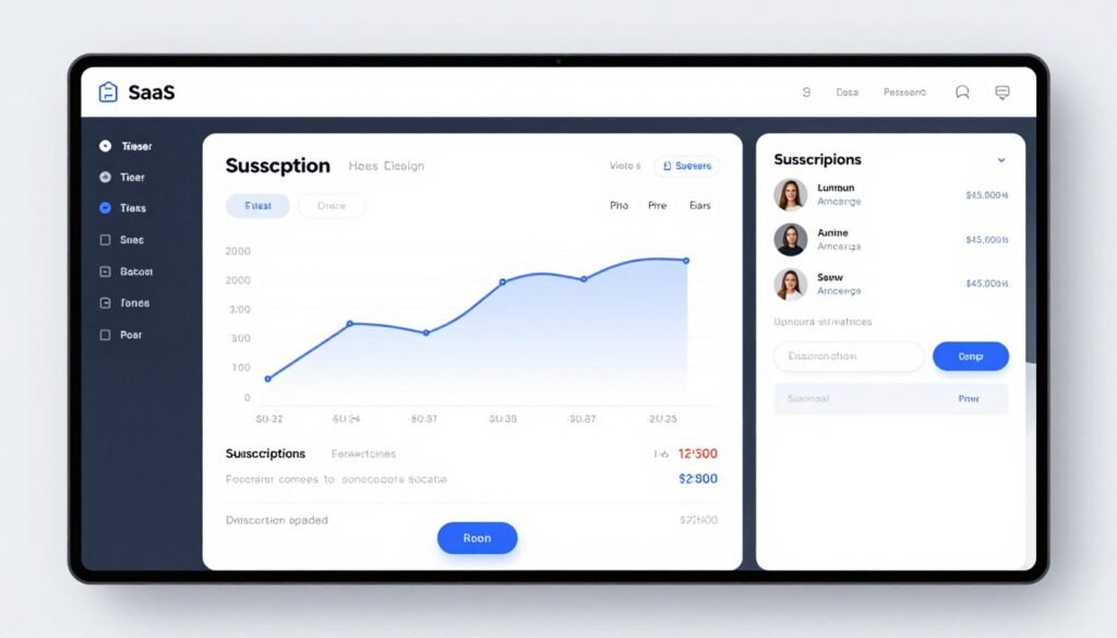 A sleek digital dashboard showing subscription tiers, recurring revenue charts, and automated invoice processing interfaces for a modern SaaS company. A sleek digital dashboard showing subscription tiers, recurring revenue charts, and automated invoice processing interfaces for a modern SaaS company.