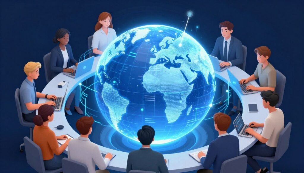 A sleek digital illustration of a diverse team of software developers working together around a glowing blue globe with digital code lines connecting them, modern tech aesthetic, professional branding.