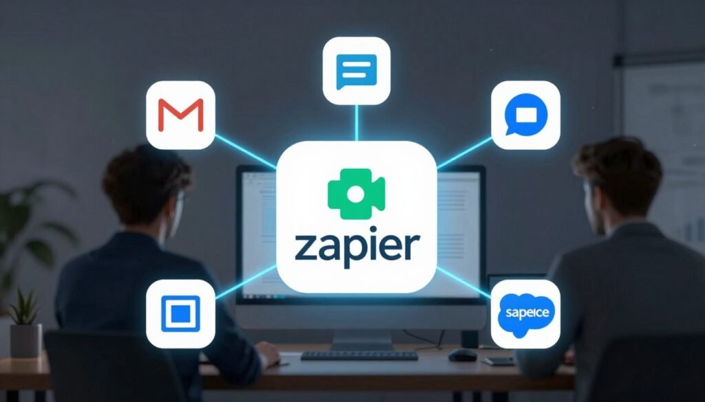 A sleek digital workspace showing the Zapier logo in the center connecting multiple app icons like Gmail, Slack, and Salesforce with glowing blue lines.