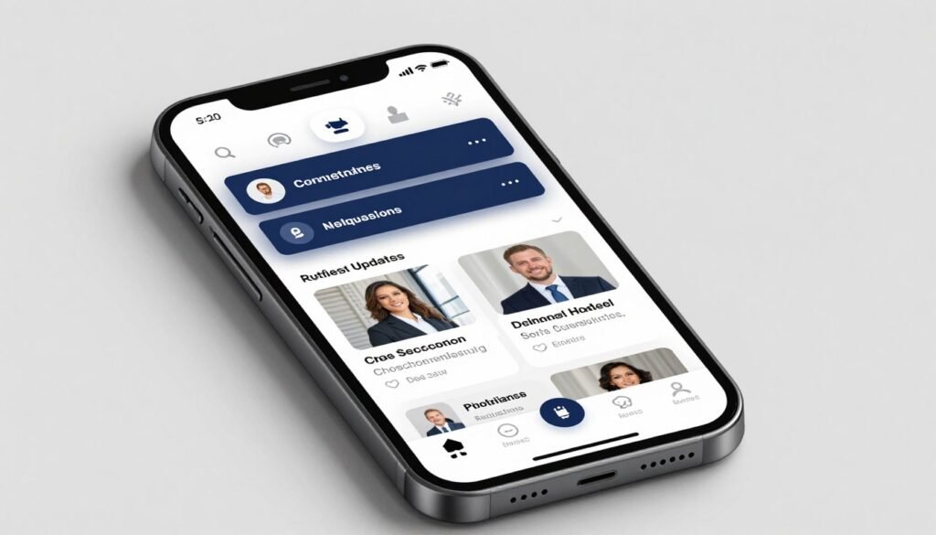 A sleek interface of a professional networking app on a smartphone, showing connection requests and industry news.
