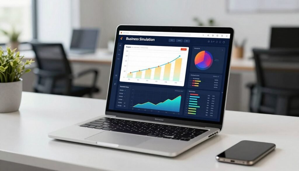 A sleek laptop on a modern office desk showing a high-tech business simulation software interface with colorful data charts and growth projections for a new startup venture.