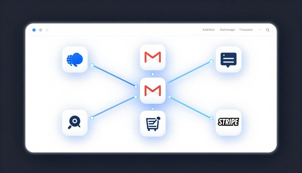 A sleek, modern digital dashboard showing automated workflow connections between various software icons like Slack, Gmail, and Stripe, with glowing neon blue lines representing AI data flow, clean minimalist aesthetic, 4k resolution. A sleek, modern digital dashboard showing automated workflow connections between various software icons like Slack, Gmail, and Stripe, with glowing neon blue lines representing AI data flow, clean minimalist aesthetic, 4k resolution.
