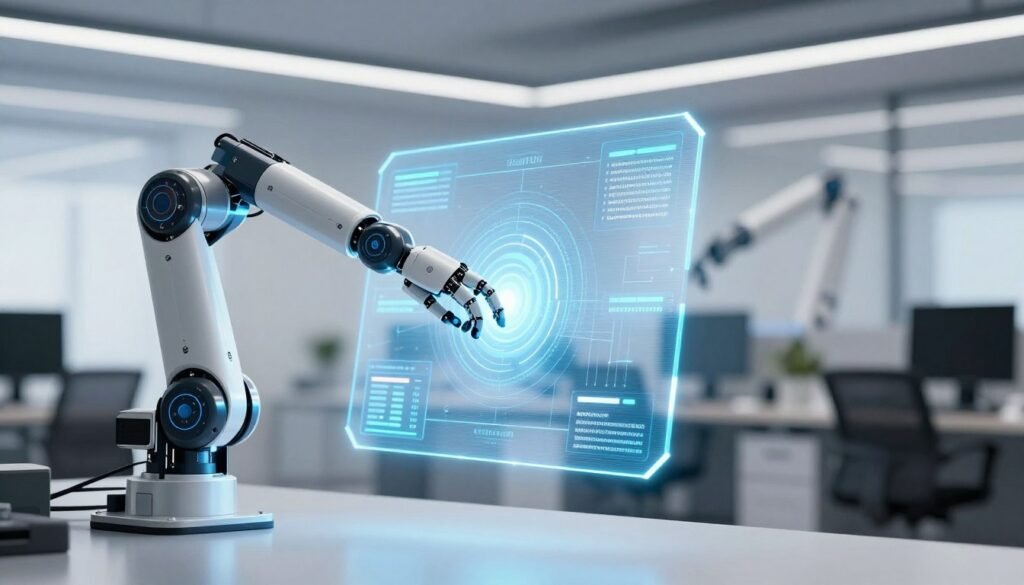 A sleek robotic arm interacting with a digital holographic screen, representing UiPath robotic process automation and enterprise efficiency. A sleek robotic arm interacting with a digital holographic screen, representing UiPath robotic process automation and enterprise efficiency.