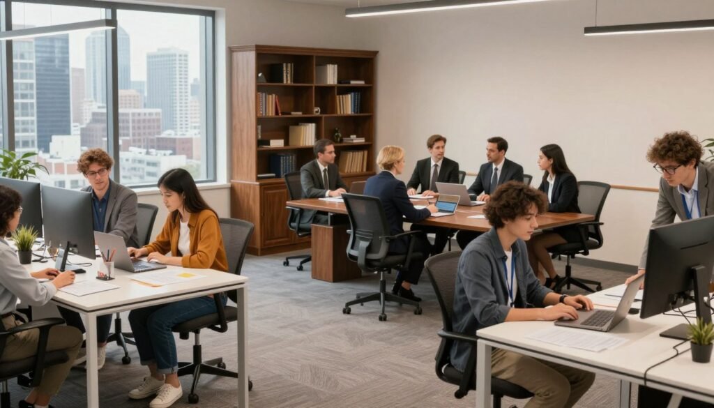 A split scene illustrating the contrast between a tech startup and a traditional business model. In the foreground, a modern tech startup office with sleek furniture, bright color accents, and young professionals in casual but smart attire collaborating over laptops, showcasing creativity and innovation. In the middle ground, a traditional office space, featuring classic wooden furniture, formal attire, and professionals in suits engaged in serious discussions around a conference table, emphasizing structure and established practices. The background highlights a city skyline, representing progress on the startup side and stability on the traditional side. Soft lighting creates a warm atmosphere, while the angle captures both environments harmoniously, emphasizing their differences yet coexistence. A split scene illustrating the contrast between a tech startup and a traditional business model. In the foreground, a modern tech startup office with sleek furniture, bright color accents, and young professionals in casual but smart attire collaborating over laptops, showcasing creativity and innovation. In the middle ground, a traditional office space, featuring classic wooden furniture, formal attire, and professionals in suits engaged in serious discussions around a conference table, emphasizing structure and established practices. The background highlights a city skyline, representing progress on the startup side and stability on the traditional side. Soft lighting creates a warm atmosphere, while the angle captures both environments harmoniously, emphasizing their differences yet coexistence.