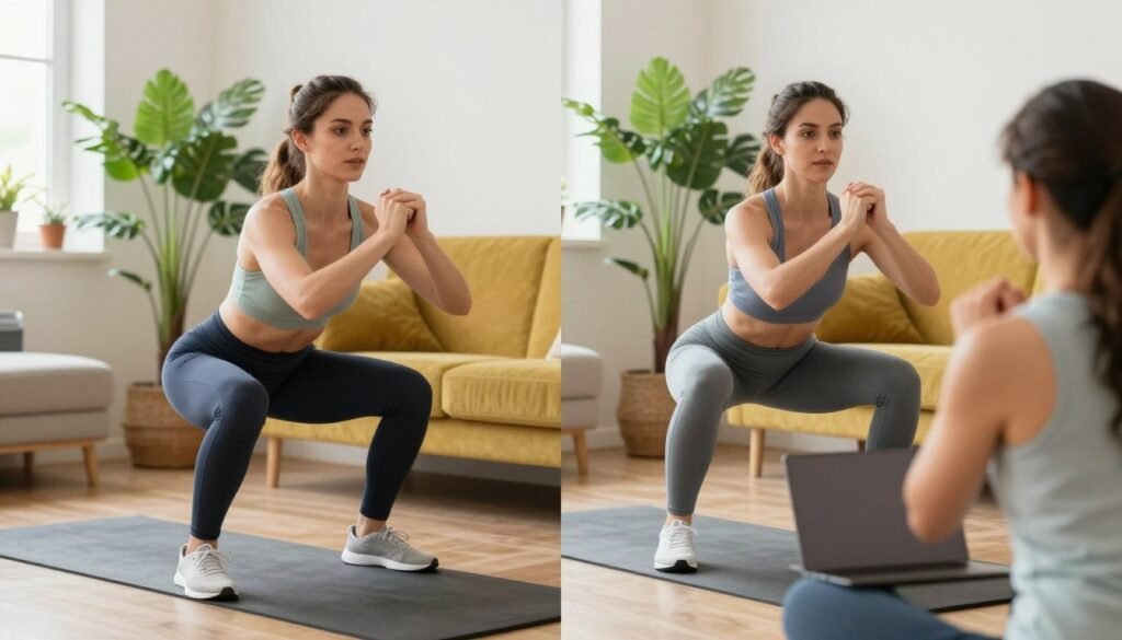 A split screen showing a female fitness coach performing a squat and a client following along via a laptop camera in a sunny, plant-filled living room.