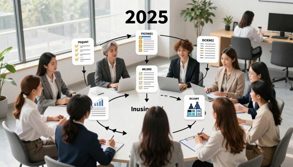 A step-by-step business process illustration designed specifically for women in 2025. In the foreground, depict a diverse group of women in professional business attire, each engaged in different phases of starting a business, such as brainstorming, planning, and networking. In the middle ground, include visual elements like flowcharts, checklists, and icons representing finance, marketing, and administration. The background should showcase a modern workspace with large windows, allowing natural light to pour in, creating an inspiring atmosphere. The lighting should be bright and inviting, emphasizing a professional yet approachable mood. The composition should be well-balanced, using a slightly elevated angle to capture the collaborative spirit and determination of women entrepreneurs.