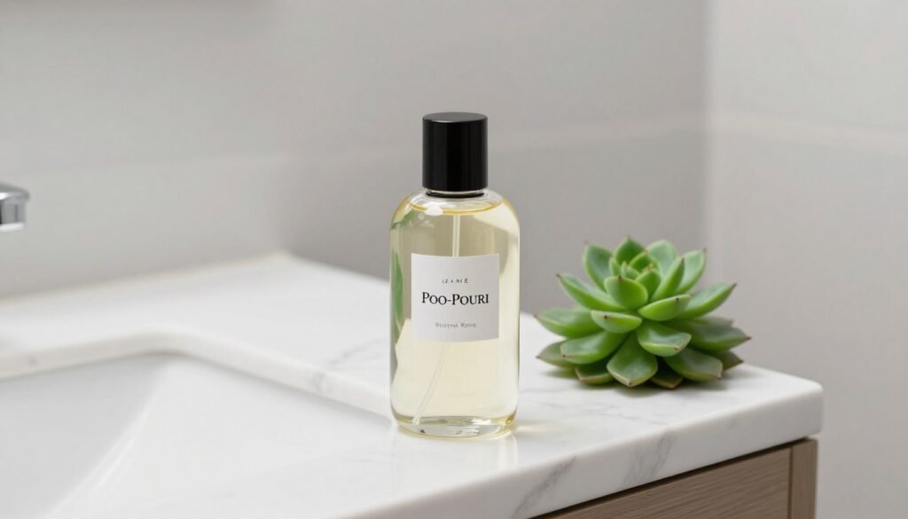 A stylish lifestyle photograph of a Poo-Pourri bottle sitting on a modern white marble bathroom vanity next to a small green succulent plant.