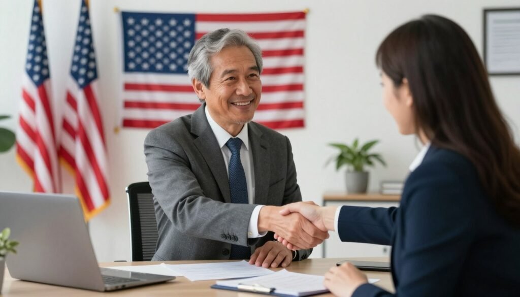 A veteran entrepreneur in a professional setting shaking hands with a supportive business mentor, featuring a clean and patriotic office background.