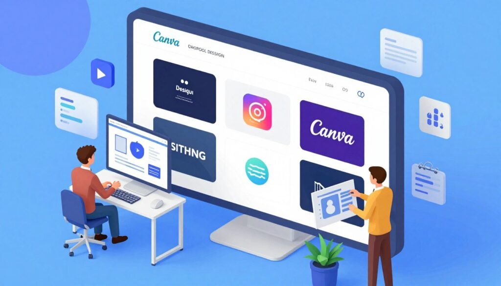 A vibrant 3D isometric illustration of the Canva graphic design platform interface showing various design tools, social media templates, and a diverse team collaborating digitally.