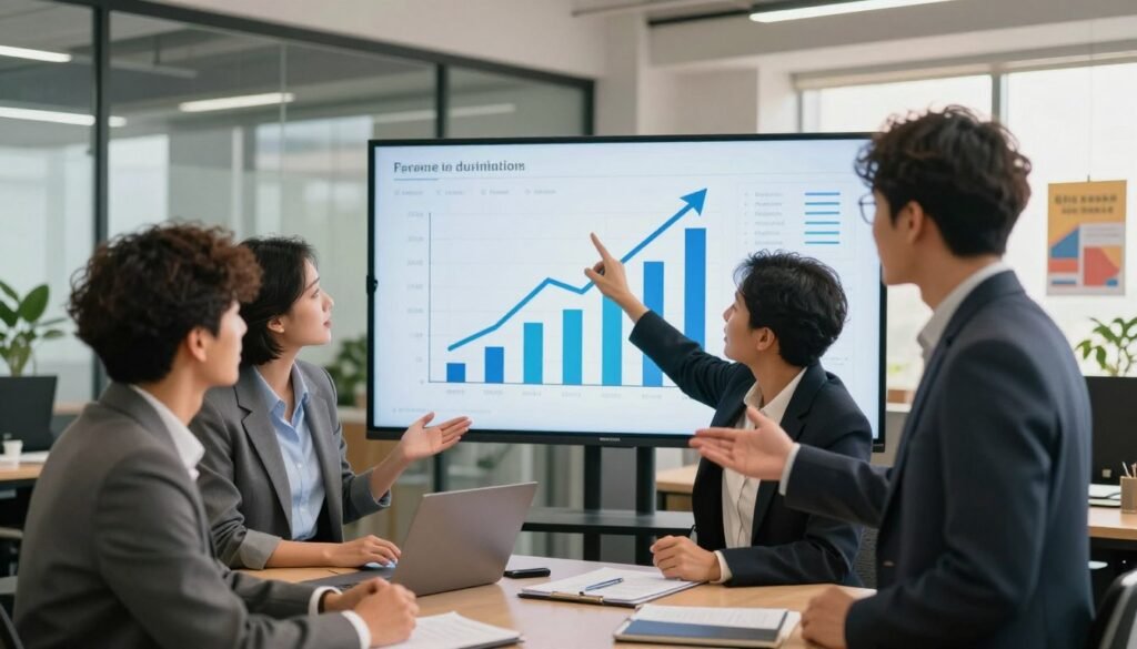 A vibrant and inspiring scene depicting business growth momentum. In the foreground, a diverse group of three professionals, dressed in smart business attire, are engaged in an animated discussion, gesturing towards an upward-pointing arrow that symbolizes growth. In the middle ground, a large digital screen displays rising graphs and charts, illustrating key business metrics climbing steadily. The background features a modern office environment with glass walls, plants, and motivational posters that evoke a sense of success and teamwork. Soft, natural light spills in from large windows, creating a warm and optimistic atmosphere. The camera angle is slightly elevated, providing a dynamic perspective on the activity. The mood is energetic and focused, capturing the essence of building momentum in a business setting.
