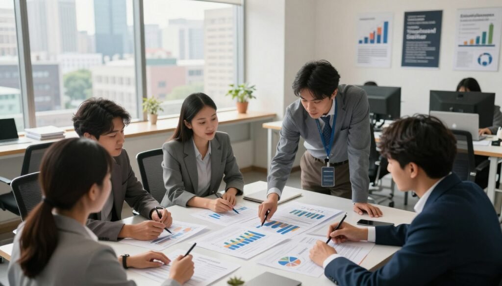 A vibrant and inspiring scene illustrating the concept of bootstrapped startup growth and financial discipline. In the foreground, a diverse team of professionals in business attire collaborates around a table filled with charts and graphs, showcasing their financial plans. The middle layer features a large window with natural light pouring in, illuminating a bustling cityscape, representing growth and opportunities. In the background, a well-organized workspace with motivational posters about discipline and success. The atmosphere is uplifting and focused, with warm lighting highlighting the determination and innovative spirit of the team. Capture the image from a slightly elevated angle to emphasize the collaborative dynamic and sense of purpose.