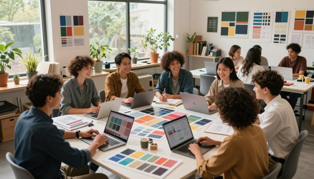 A vibrant and inviting design studio filled with cheerful creative professionals collaborating on various projects. In the foreground, a diverse group of individuals, dressed in professional business attire and modest casual clothing, are seated around a large table covered with colorful design samples, laptops, and sketch pads. In the middle, there are large windows letting in soft natural light, showcasing greenery outside, which enhances the mood of creativity and collaboration. The background conveys an open, airy atmosphere with art supplies, mood boards, and completed designs adorning the walls. The image captures a sense of trust and loyalty among the team, emphasizing the importance of customer relationships in creative industries. The lighting is warm, suggesting a comfortable and productive environment, while the angle showcases the workspace from a slightly elevated perspective for a comprehensive view.