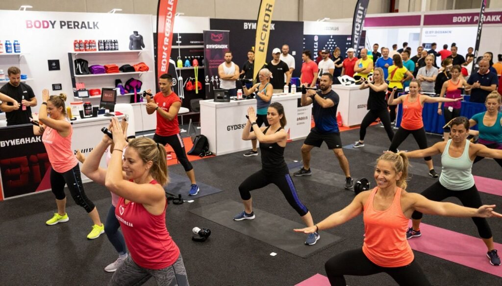 A vibrant fitness community event set at the Body Power Expo in 2013. In the foreground, a diverse group of enthusiastic individuals, wearing professional workout attire, engage in various fitness activities such as weightlifting, yoga, and group exercises. They are smiling and interacting, showcasing a sense of camaraderie and motivation. In the middle ground, branded booths display fitness gear and supplements, with banners promoting Gymshark's merchandise. The background features a large crowd of spectators observing the event, under bright, energetic lighting that enhances the lively atmosphere. Capture this scene from a slightly elevated angle to convey depth, using a wide lens to include the bustling event space. The overall mood is inspiring and dynamic, illustrating the power of community in fitness.