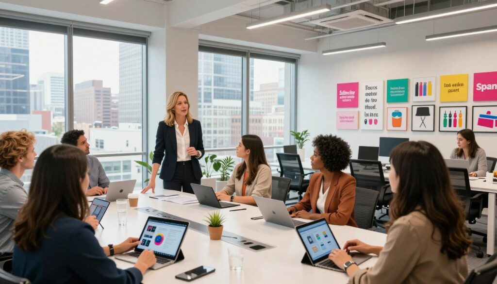 A vibrant, modern office space representing Sara Blakely's business empire, highlighted with innovative design elements and inspirational decor. In the foreground, a confident female entrepreneur in professional attire discusses strategies with her diverse, engaged team around a sleek conference table, filled with tablets and visual aids. In the middle, large windows provide natural lighting and a panoramic view of a bustling city, symbolizing growth and opportunity. The background showcases a stylish workspace, featuring motivational quotes framed on the walls, colorful branding elements of Spanx, and an assortment of product designs. The overall atmosphere is dynamic and empowering, infused with a sense of collaboration and creativity, perfect for a high-performing team. Use a wide-angle lens to capture the entire scene, with bright, inviting lighting to enhance the mood.