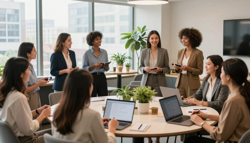 A vibrant networking event featuring women entrepreneurs in a modern, well-lit conference room. In the foreground, a diverse group of women in professional business attire engage in lively conversation, showcasing a mix of ethnic backgrounds. Some are exchanging business cards, while others are discussing ideas over laptops and notebooks. In the middle, there are round tables adorned with plants and refreshments, creating an inviting atmosphere. The background includes large windows that reveal a cityscape, symbolizing growth and opportunity. The lighting is bright yet warm, creating an inspiring mood that encourages collaboration. Capture the essence of community, mentorship, and support, highlighting the positive energy of women coming together to empower each other in tech entrepreneurship. A vibrant networking event featuring women entrepreneurs in a modern, well-lit conference room. In the foreground, a diverse group of women in professional business attire engage in lively conversation, showcasing a mix of ethnic backgrounds. Some are exchanging business cards, while others are discussing ideas over laptops and notebooks. In the middle, there are round tables adorned with plants and refreshments, creating an inviting atmosphere. The background includes large windows that reveal a cityscape, symbolizing growth and opportunity. The lighting is bright yet warm, creating an inspiring mood that encourages collaboration. Capture the essence of community, mentorship, and support, highlighting the positive energy of women coming together to empower each other in tech entrepreneurship.