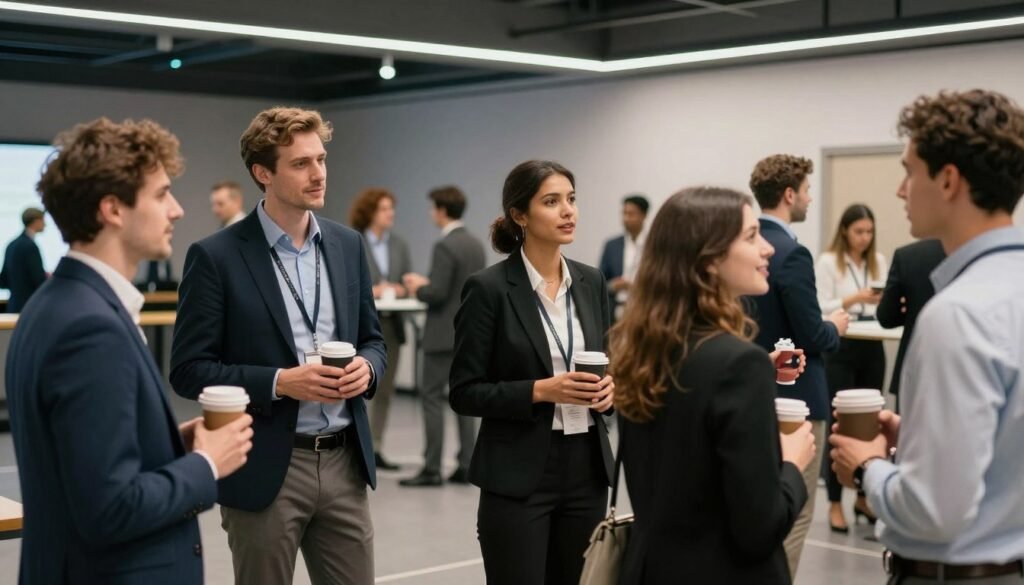 A vibrant scene of professionals networking at a conference, with people talking and holding coffee in a modern event hall.