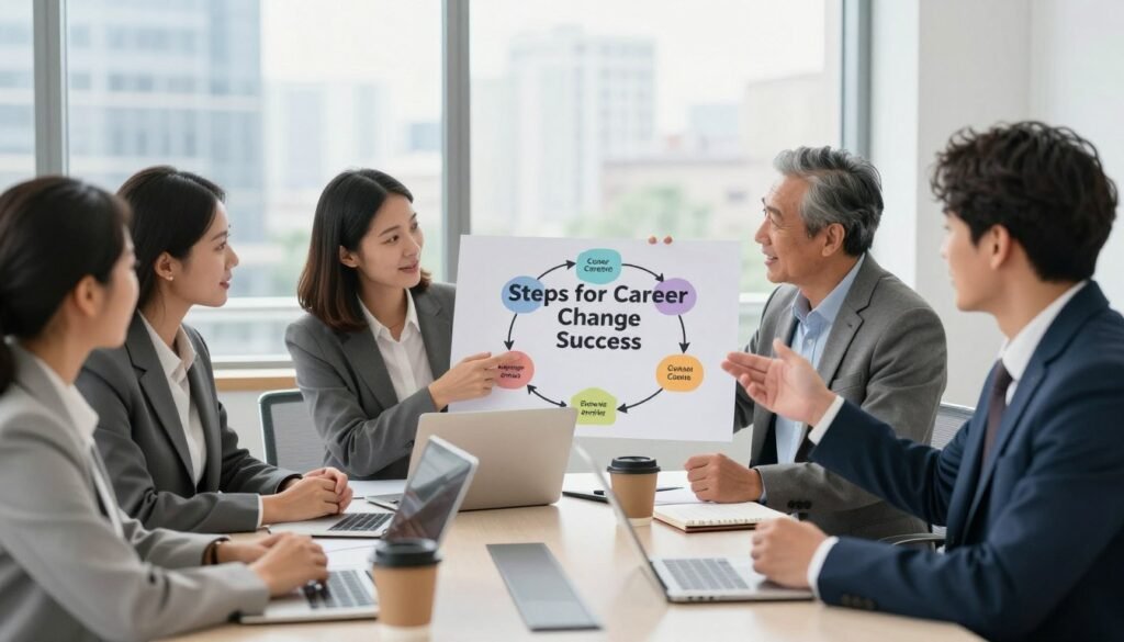 A visually appealing scene depicting "Steps for Career Change Success" in a professional setting. In the foreground, a diverse group of four individuals in business attire, including a middle-aged man and woman, engaged in animated discussions while pointing at a clear, structured flowchart displaying five distinct steps for changing careers. The middle ground features a sleek conference table adorned with laptops, notebooks, and cups of coffee, symbolizing collaboration and strategy. In the background, large windows allow natural light to fill the room, highlighting a cityscape and creating a bright, optimistic atmosphere. The setting conveys professionalism, motivation, and the journey towards success, with a soft focus on the individuals to emphasize their expressions of determination and excitement.