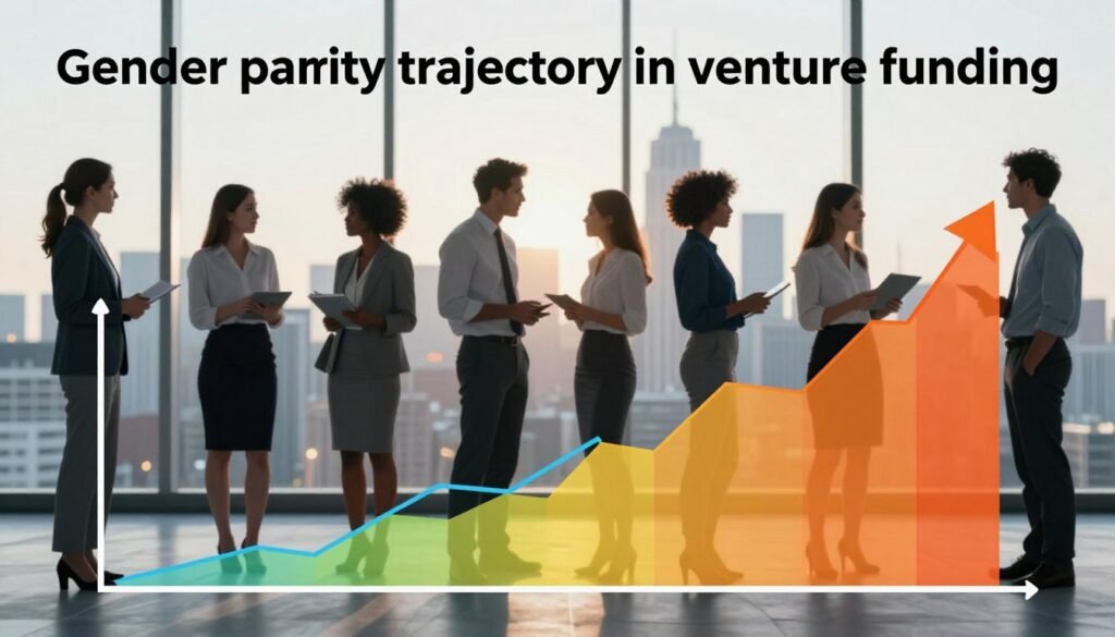 A visually striking infographic-style image showcasing a "gender parity trajectory in venture funding." In the foreground, a dynamic line graph illustrates the upward trajectory of female founders receiving funding compared to their male counterparts, using vibrant colors to differentiate the two paths. The middle ground features silhouettes of diverse business professionals in professional attire, such as suits and blouses, engaging in discussions and brainstorming sessions, symbolizing collaboration and progress. The background consists of a bustling city skyline, hinting at economic growth and innovation. The lighting is bright and optimistic, evoking a sense of hope and forward momentum. The atmosphere is one of empowerment and change, reinforcing the theme of striving for equity in venture funding.