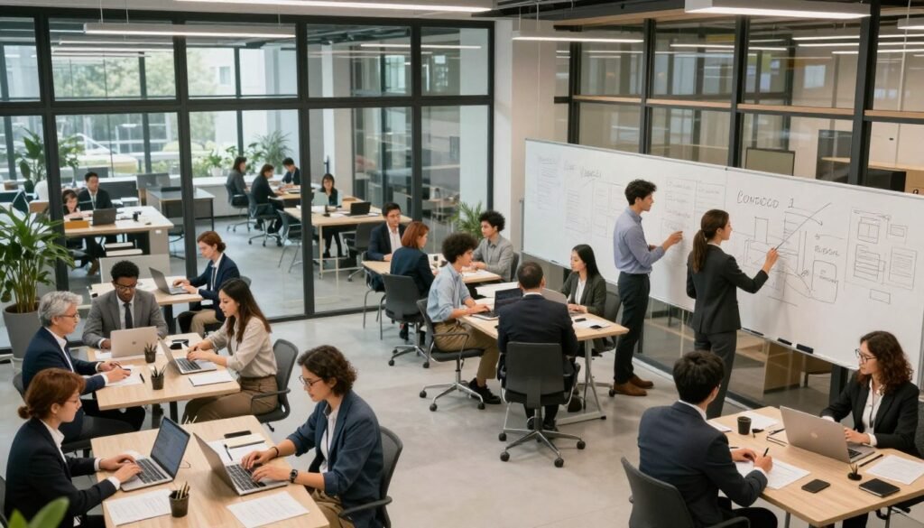 A wide-angle shot of a modern, glass-walled startup incubator space with diverse small groups of people working on laptops and whiteboards, vibrant and energetic atmosphere.