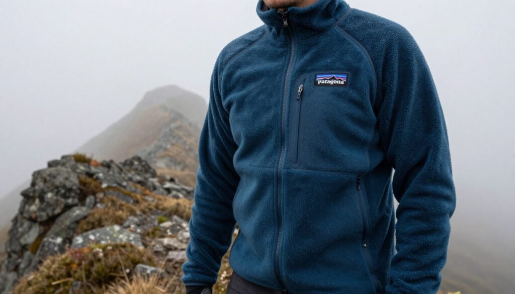 An atmospheric photo of a durable Patagonia fleece jacket worn by a hiker standing on a misty mountain ridge, showcasing the quality and rugged nature of Patagonia outdoor clothing.