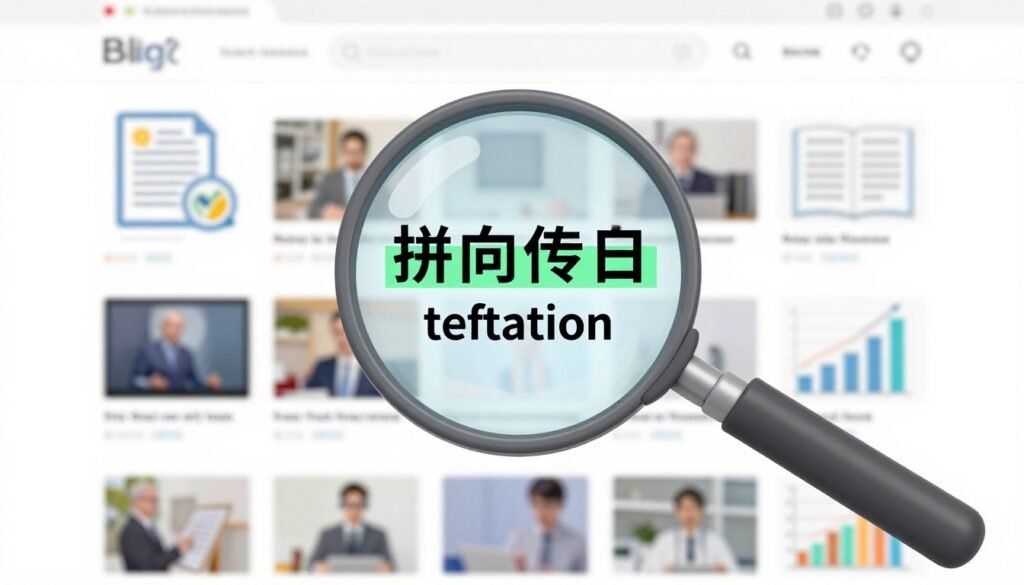 An illustration of a magnifying glass hovering over a webpage with highlighted keywords, surrounded by icons representing blog posts, video content, and bar charts.