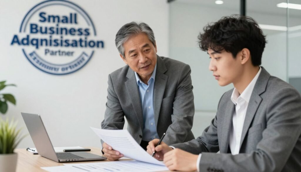 An image showing a professional workspace where an older, experienced mentor and a young entrepreneur review a business plan together in a bright, modern office with a Small Business Administration partner logo visible.