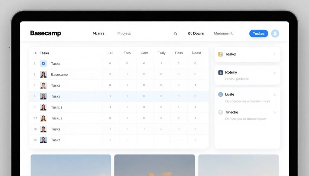 An organized digital workspace showing a Basecamp project management interface with tasks, schedules, and team messages in a simple layout. An organized digital workspace showing a Basecamp project management interface with tasks, schedules, and team messages in a simple layout.