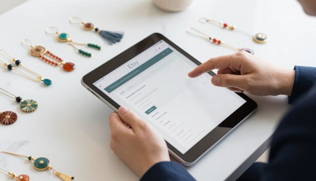 Close-up of a woman's hands using a tablet to manage her Etsy shop inventory with colorful handmade jewelry displayed on a white marble surface.