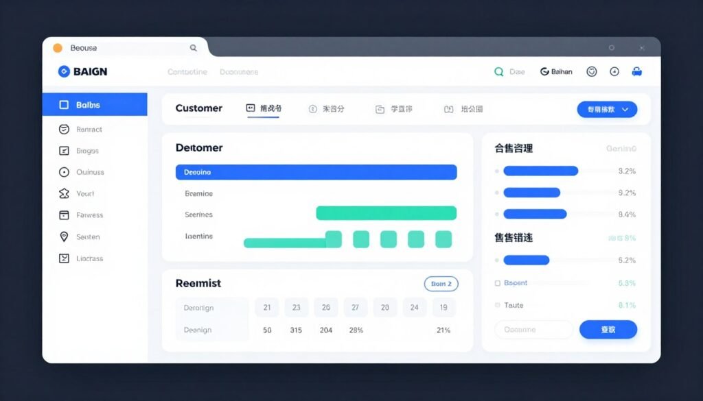 Modern interface of a small business CRM software showing customer data, marketing analytics, and sales pipelines on a clean dashboard, 4k, professional lighting, minimal design.